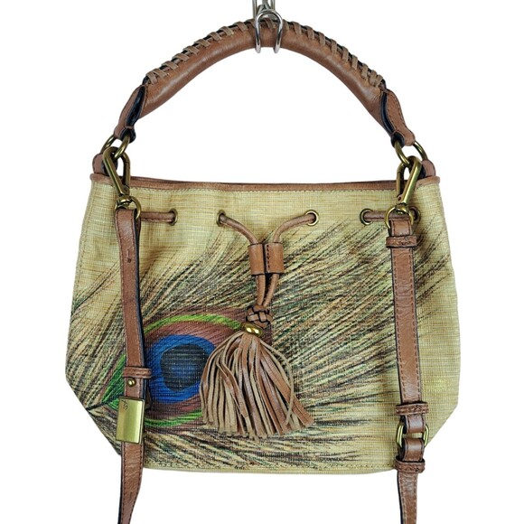 Elliott Lucca Handbags - Elliott Lucca Artisan Faux Raffia Peacock Brown Leather Shoulder Bag